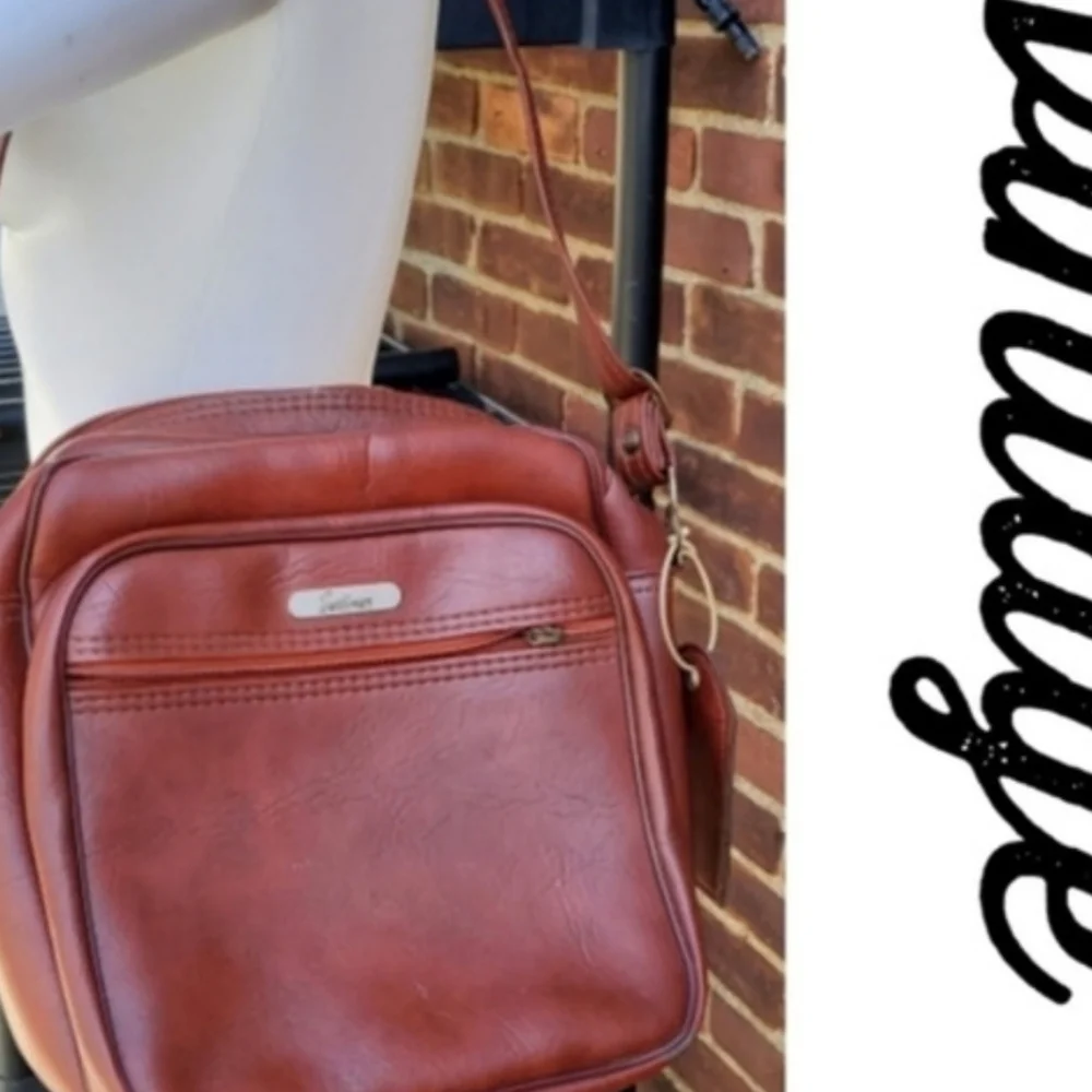 Vintage Jetliner Cognac Brown Leather Crossbody Bag Retro Travel Camera Purse